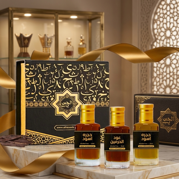 Pack of 3 Attars (Ghulaf-e-Kaaba, Hajr-e-Aswad & Oud Al Haramain) 12ml Each – The Best Arabic Attar Gift Set in Pakistan | Shop Now on AlHaseeb.pk
