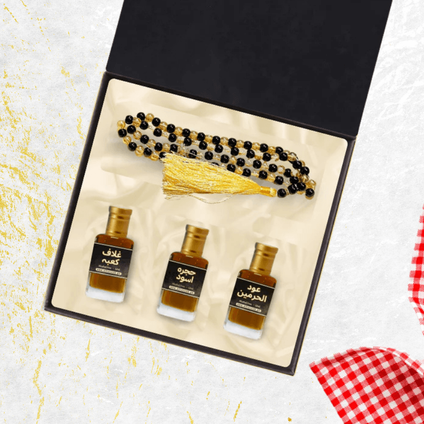 high quality Pack of 3 Attars (Ghulaf-e-Kaaba, Hijra-e-Aswad & Oud Al Haramain) & 100 Beads Tasbih - Ramadan Special🥇 Fragrance Oil by Al Haseeb Islamic Mart alhaseeb.pk