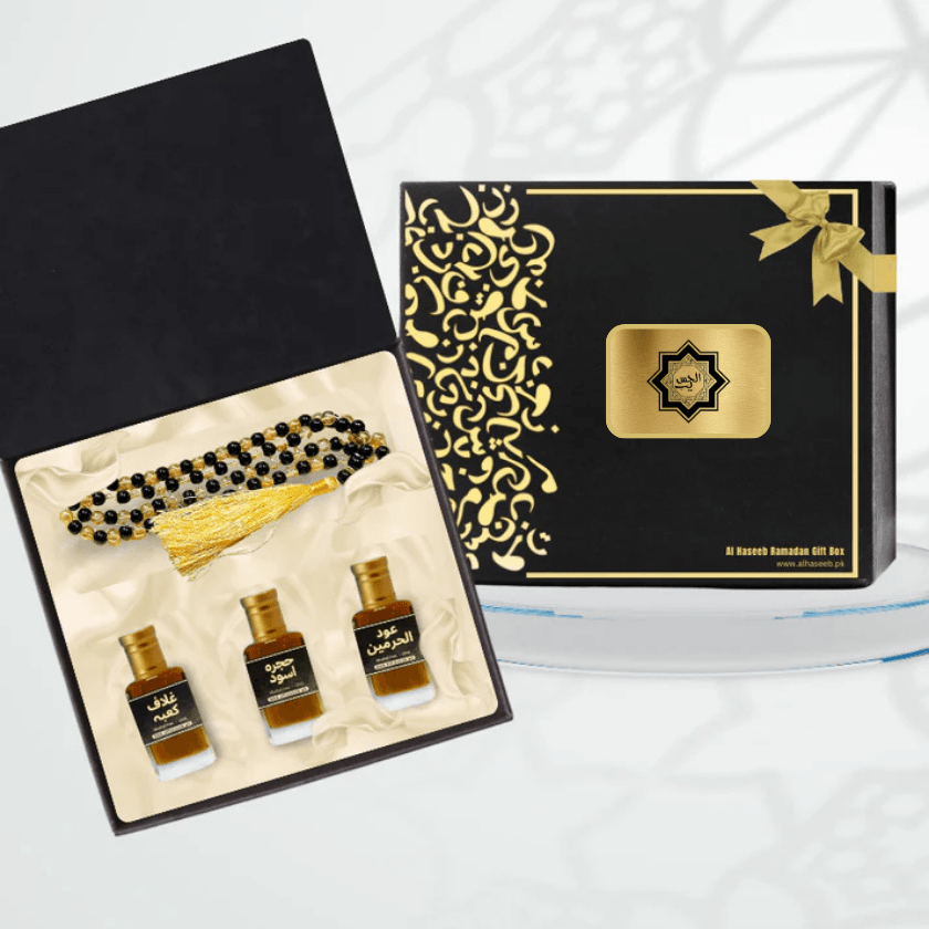 high quality Pack of 3 Attars (Ghulaf-e-Kaaba, Hijra-e-Aswad & Oud Al Haramain) & 100 Beads Tasbih - Ramadan Special🥇 Fragrance Oil by Al Haseeb Islamic Mart alhaseeb.pk
