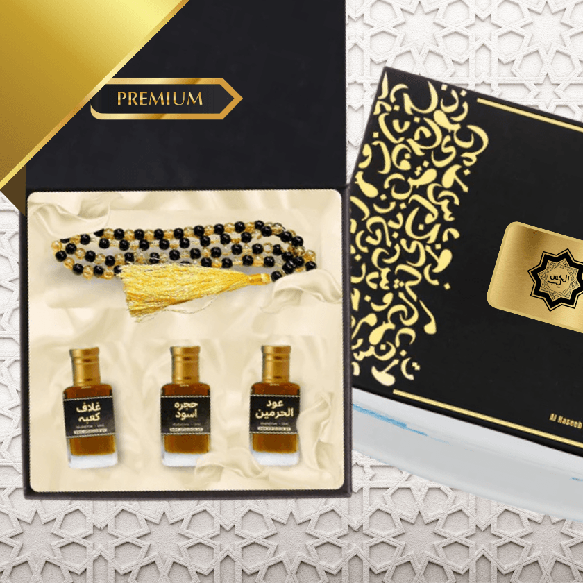 high quality Pack of 3 Attars (Ghulaf-e-Kaaba, Hijra-e-Aswad & Oud Al Haramain) & 100 Beads Tasbih - Ramadan Special🥇 Fragrance Oil by Al Haseeb Islamic Mart alhaseeb.pk