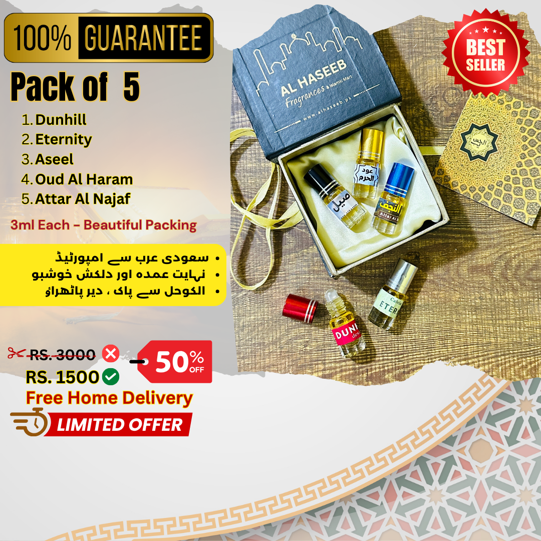 Pack of 5 Our Best Attars (Dunhill, Eternity, Aseel, Oud Al Haram & Attar Al Najaf) 3ml Each - Al Haseeb Islamic Mart