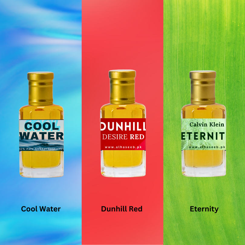 high quality Pack of 3 Fragrances (Cool Water, Dunhill Red & Eternity) Fragrance Oil by Al Haseeb Islamic Mart alhaseeb.pk