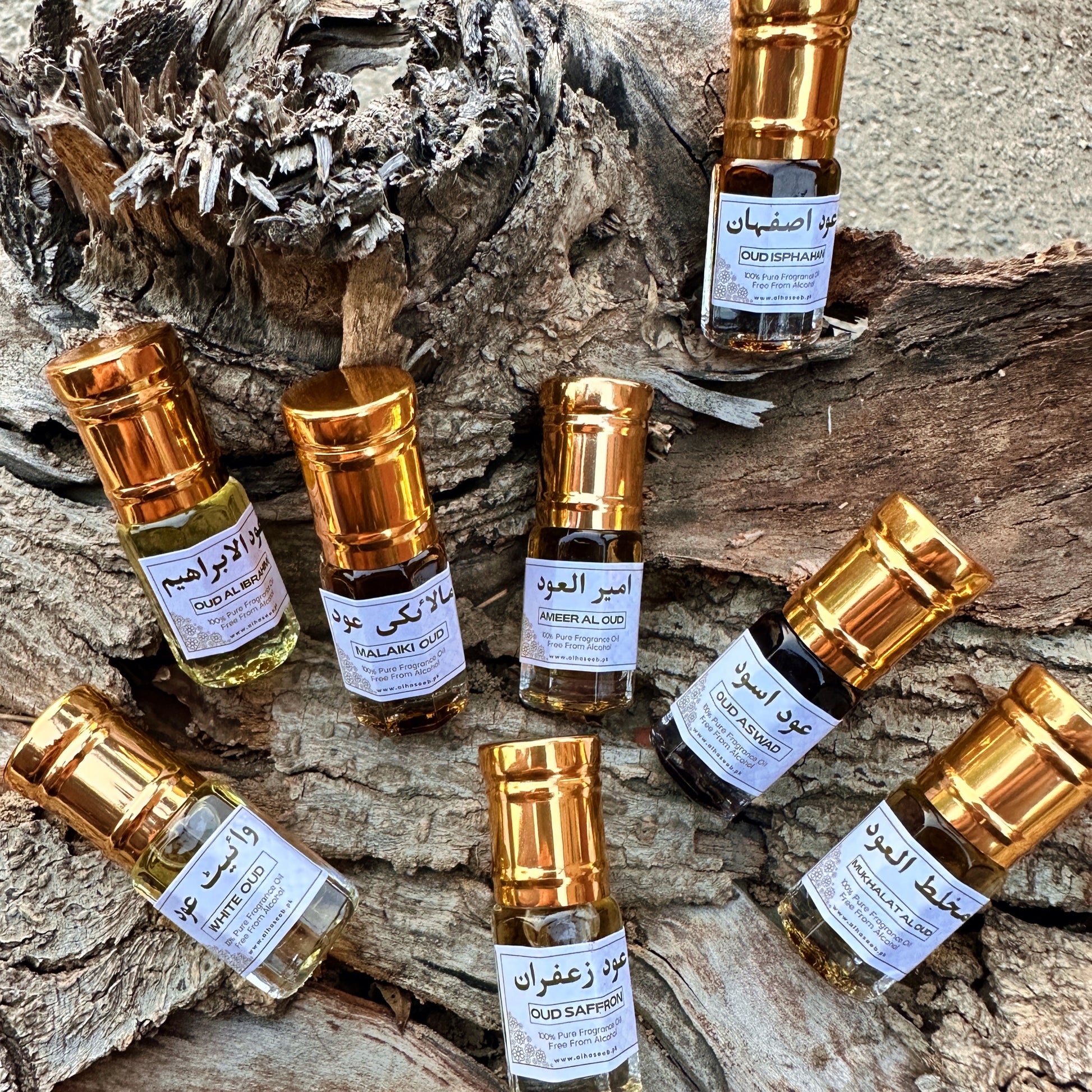 high quality 8 Ouds 3ml Each (White Oud, Ameer Al Oud, Oud Aswad, Oud Isphahan, Oud Saffron, Oud Malaiki, Mukhalat Oud, and Oud Ibrahim) Fragrance Oil by Al Haseeb Islamic Mart alhaseeb.pk