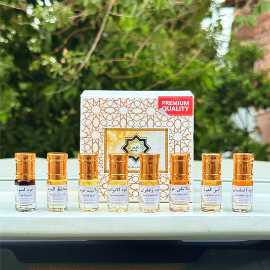 high quality 8 Ouds 3ml Each (White Oud, Ameer Al Oud, Oud Aswad, Oud Isphahan, Oud Saffron, Oud Malaiki, Mukhalat Oud, and Oud Ibrahim) Fragrance Oil by Al Haseeb Islamic Mart alhaseeb.pk