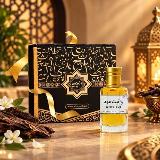 White Oud perfume oil bottle with golden fragrance and premium packaging